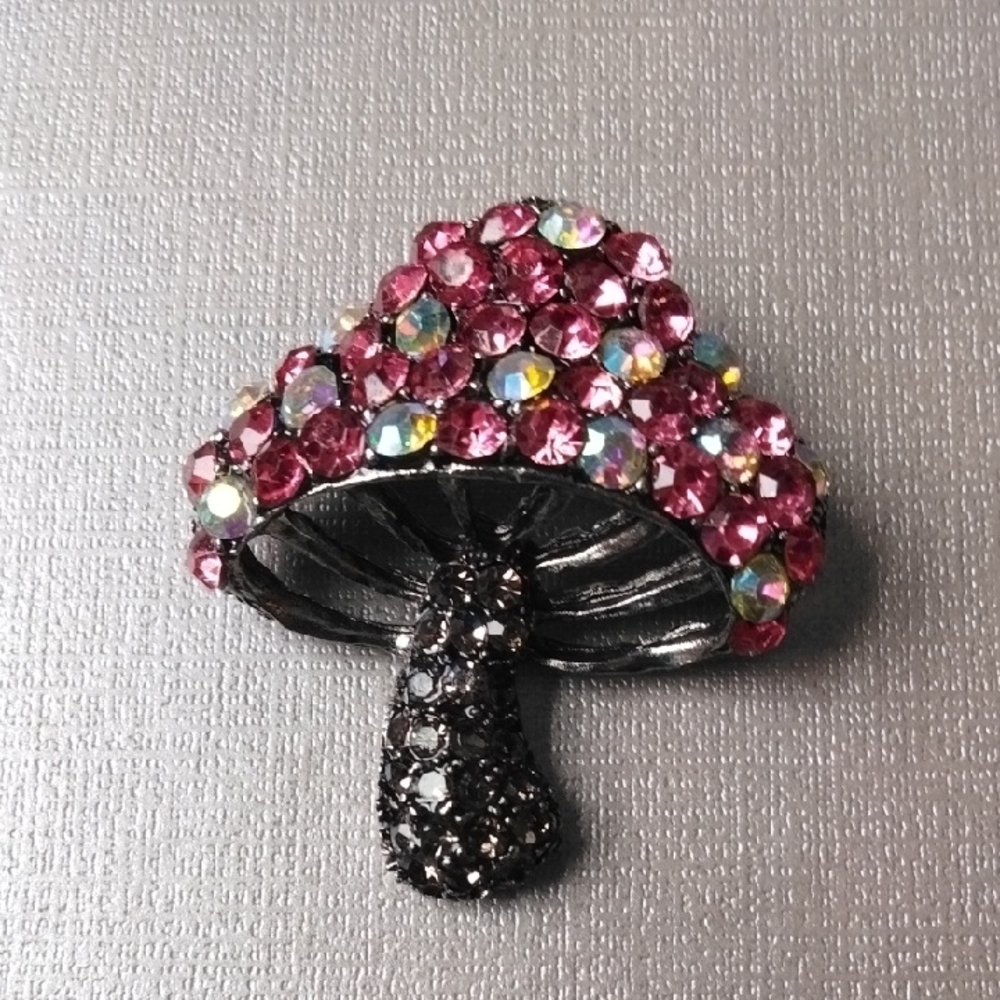 Pink Rhinestone Mushroom Brooch
